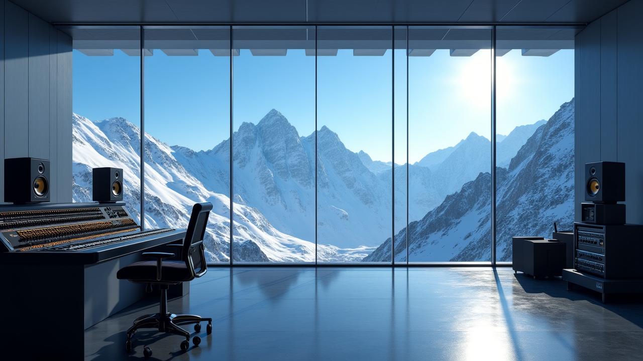 Een high-end opnamestudio die naadloos overgaat in een ruig berglandschap