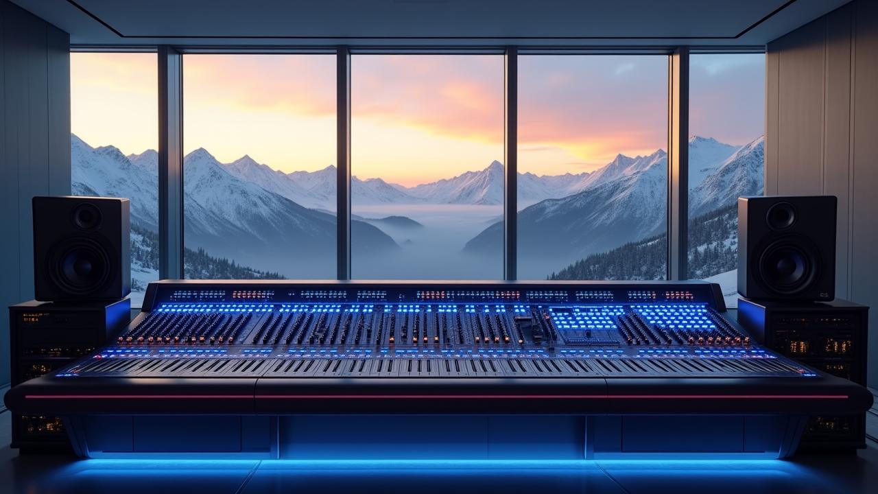 Muziekstudio met uitzicht op besneeuwde bergen