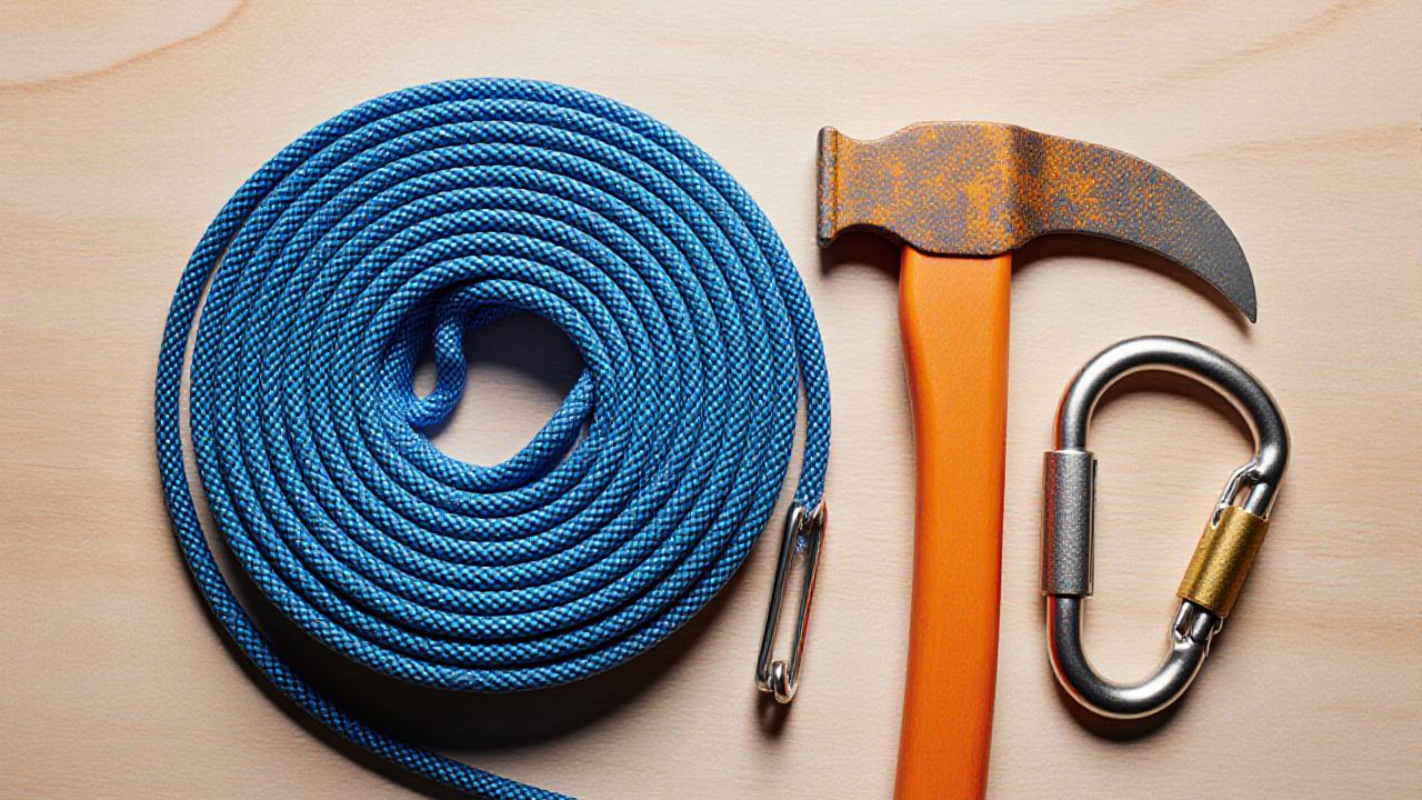 Professionele bergsportuitrusting uitgestald op een houten ondergrond