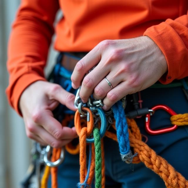 Een berggids die nauwkeurig klimuitrusting controleert